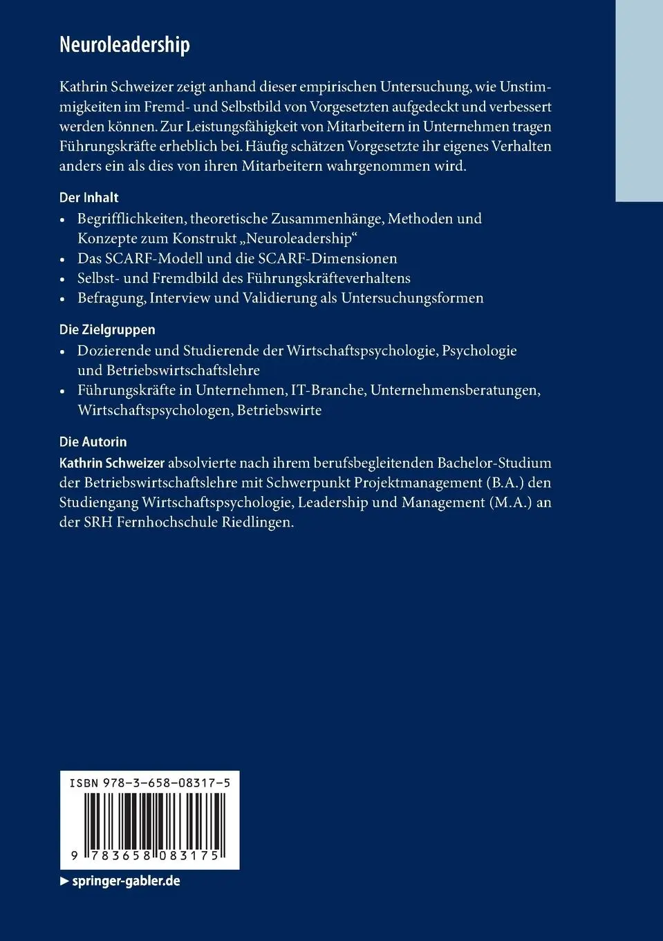 Rückseite: 9783658083175 | Neuroleadership | Kathrin Schweizer | Taschenbuch | xix | Deutsch