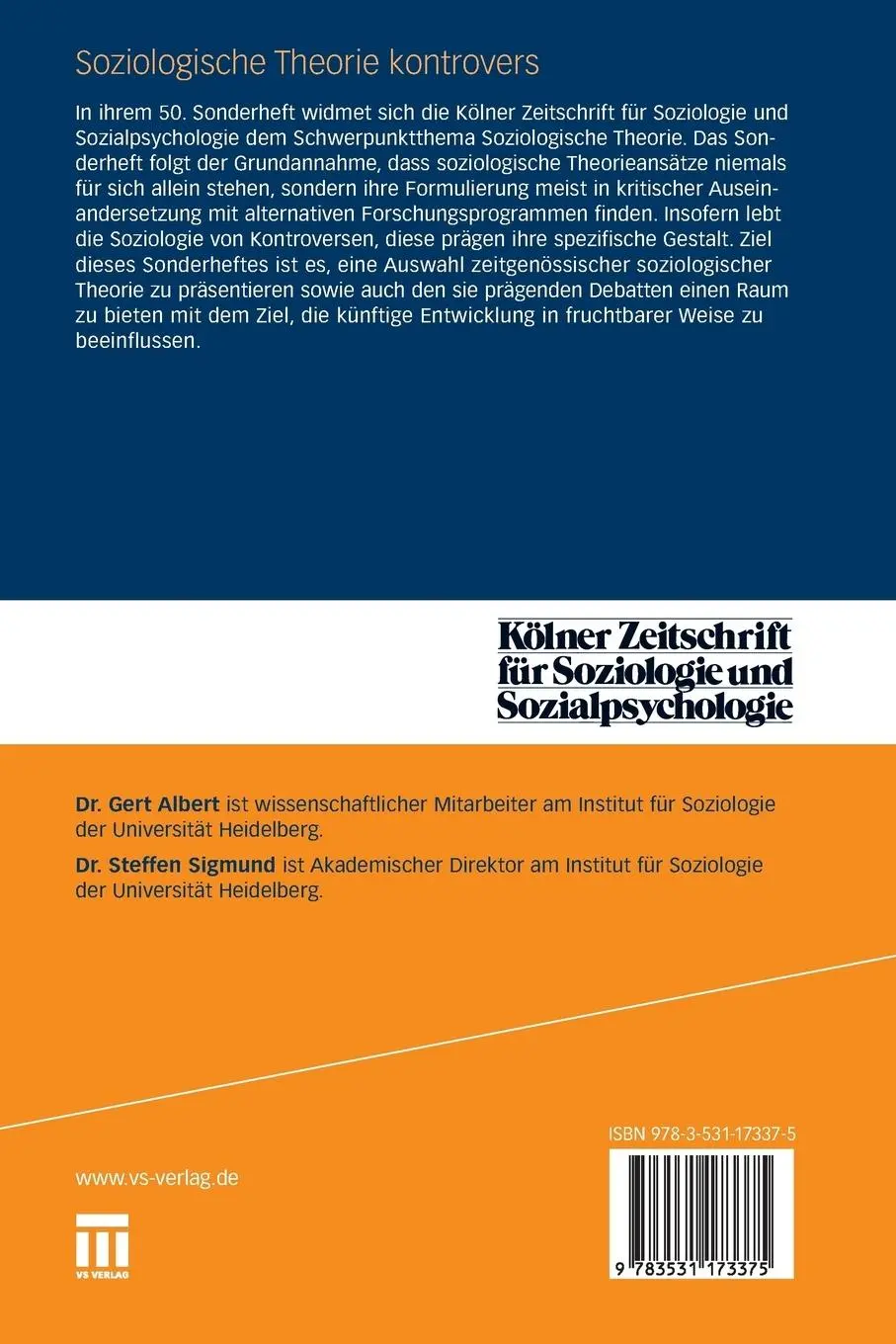 Rückseite: 9783531173375 | Soziologische Theorie kontrovers | Steffen Sigmund (u. a.) | Buch