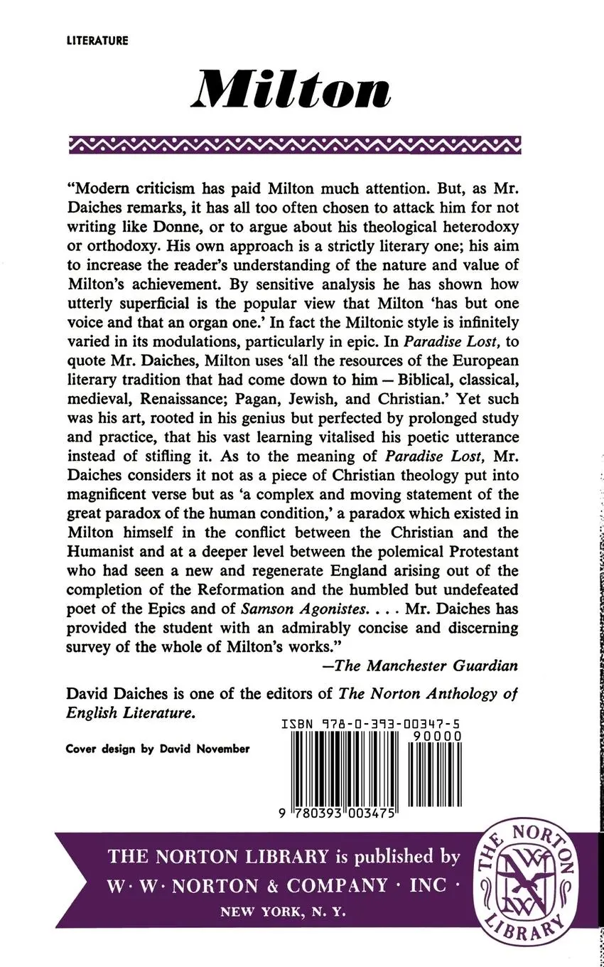 Rückseite: 9780393003475 | Milton | David Daiches | Taschenbuch | Englisch | EAN 9780393003475