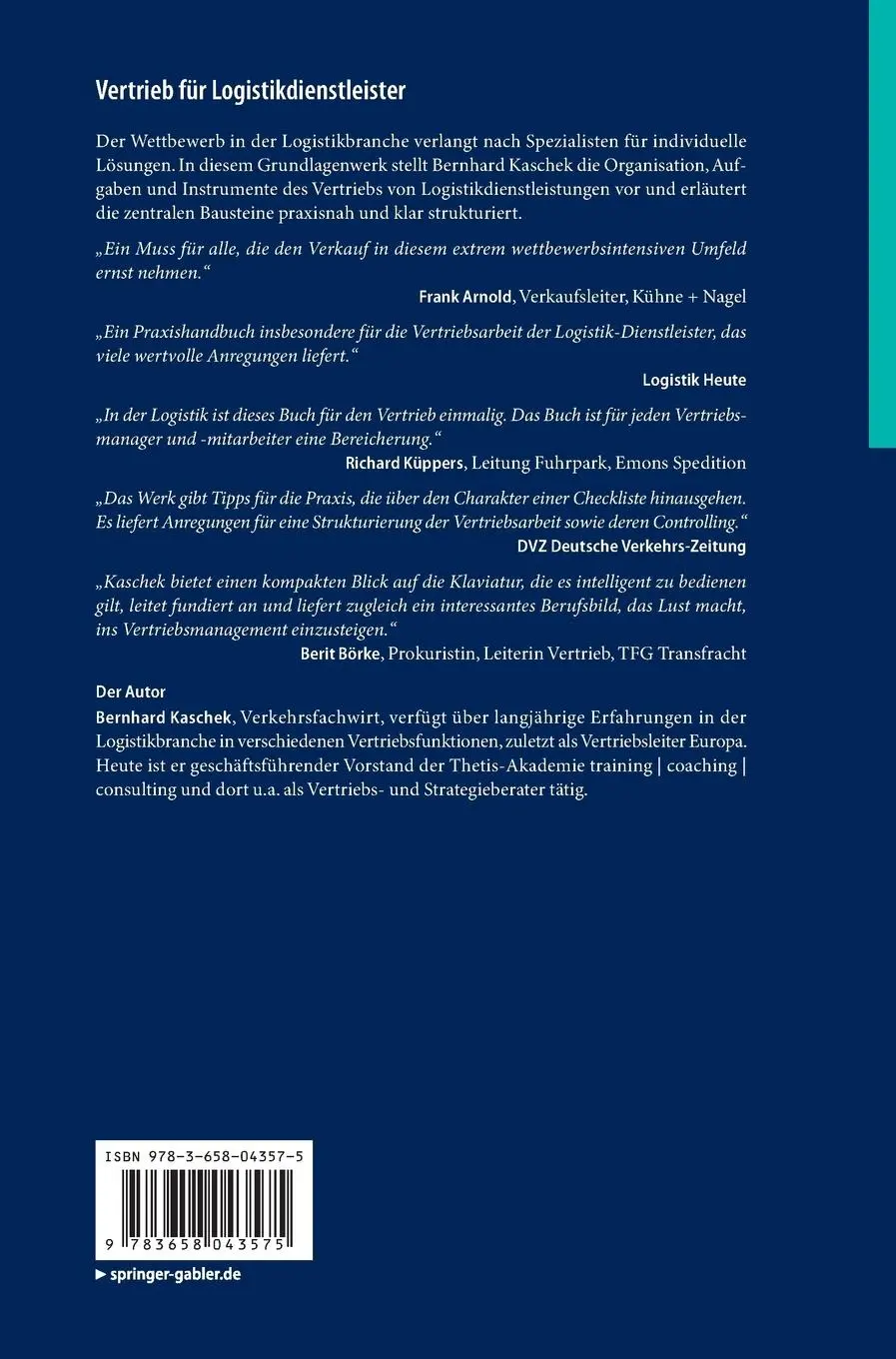 Rückseite: 9783658043575 | Vertrieb für Logistikdienstleister | Bernhard Kaschek | Buch | xvi