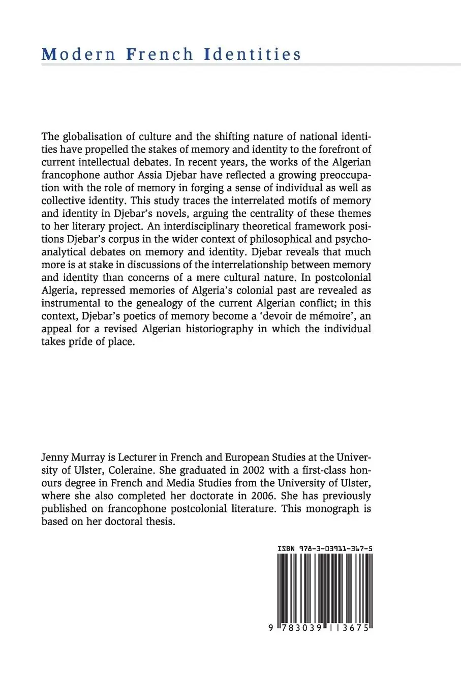 Rückseite: 9783039113675 | Remembering the (Post)Colonial Self | Jennifer Murray | Taschenbuch
