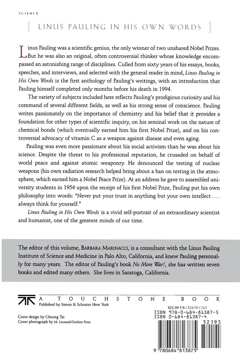 Rückseite: 9780684813875 | Linus Pauling in His Own Words | Linus Pauling | Taschenbuch | 1995