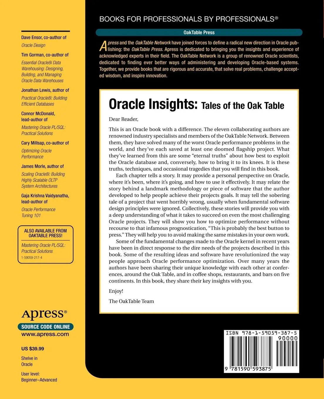 Rückseite: 9781590593875 | Oracle Insights | Tales of the Oak Table | Cary Millsap (u. a.) | Buch