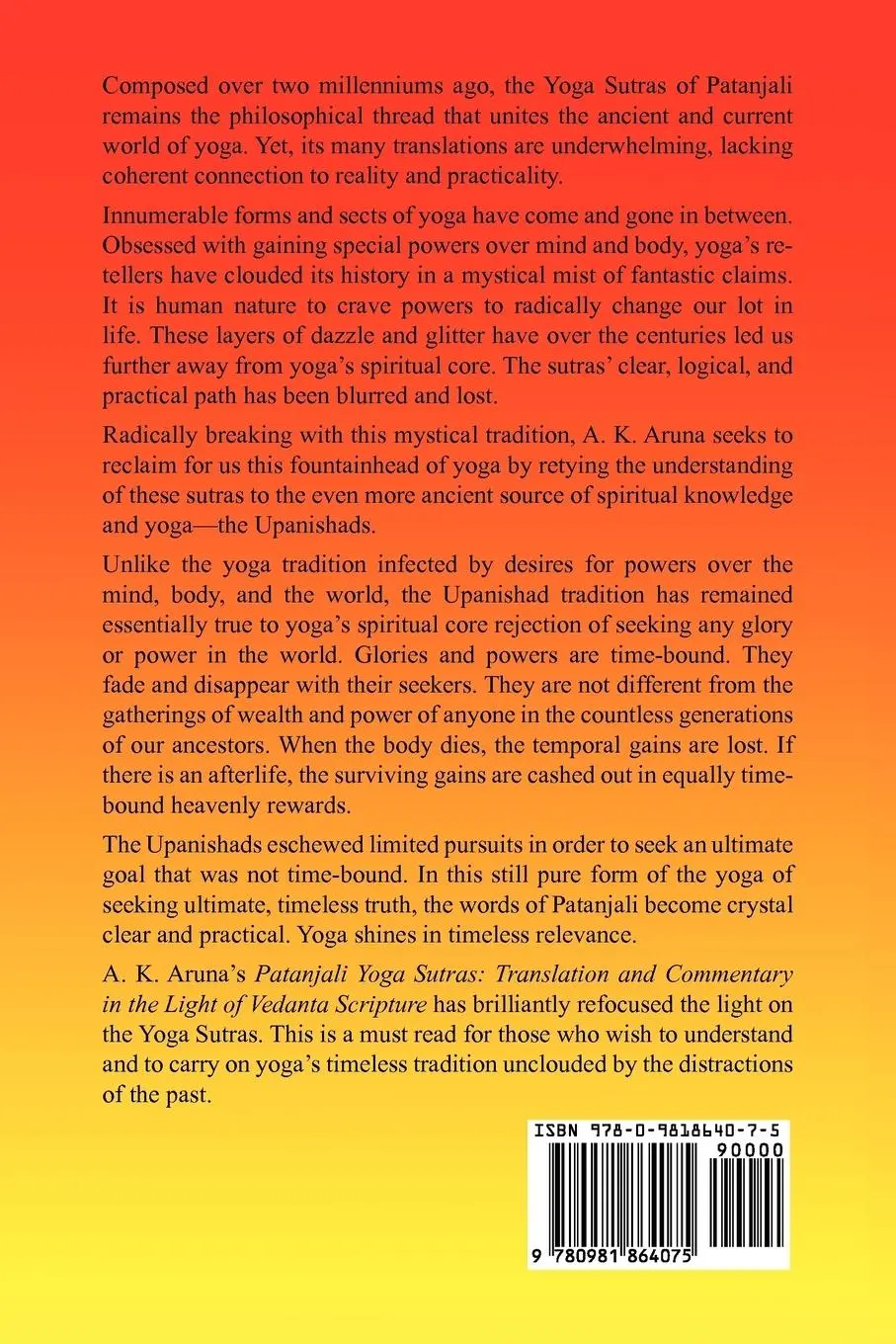 Rückseite: 9780981864075 | Patanjali Yoga Sutras | A. K. Aruna | Taschenbuch | Englisch | 2012