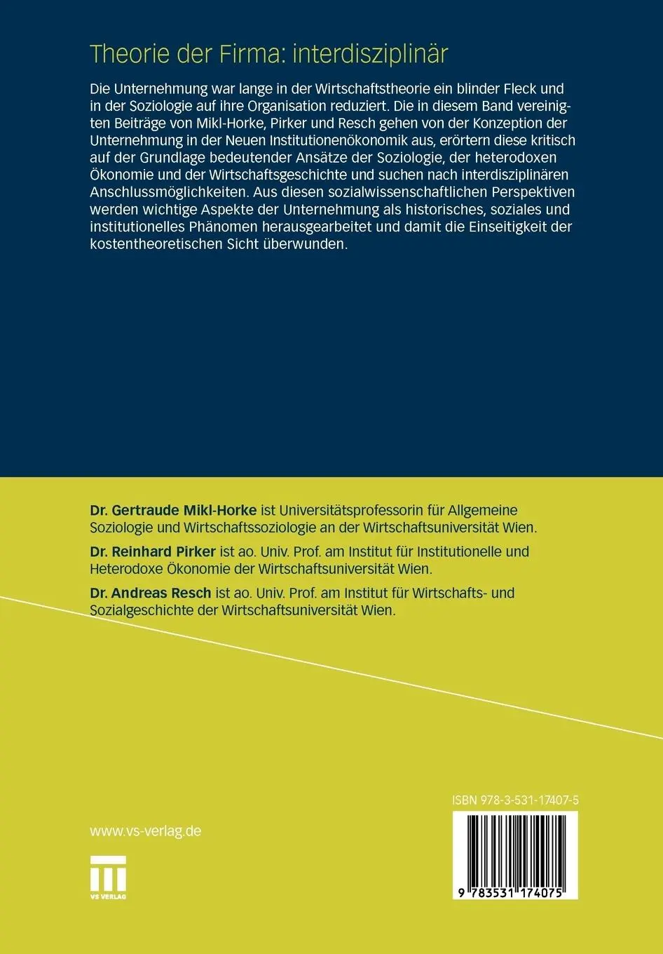 Rückseite: 9783531174075 | Theorie der Firma: interdisziplinär | Gertraude Mikl-Horke (u. a.)