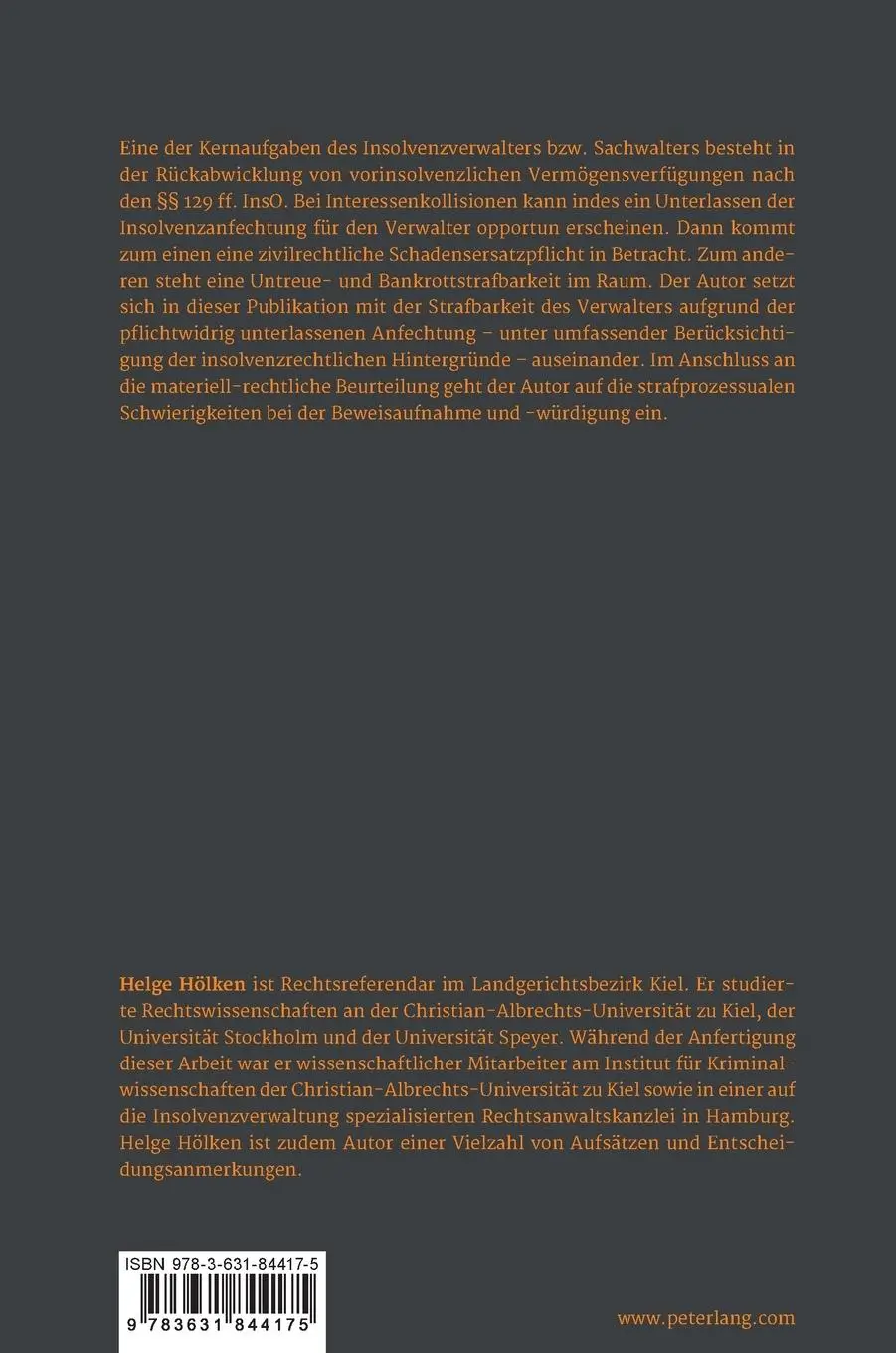 Rückseite: 9783631844175 | Interessenkollisionen bei der Bestellung des (vorläufigen)...