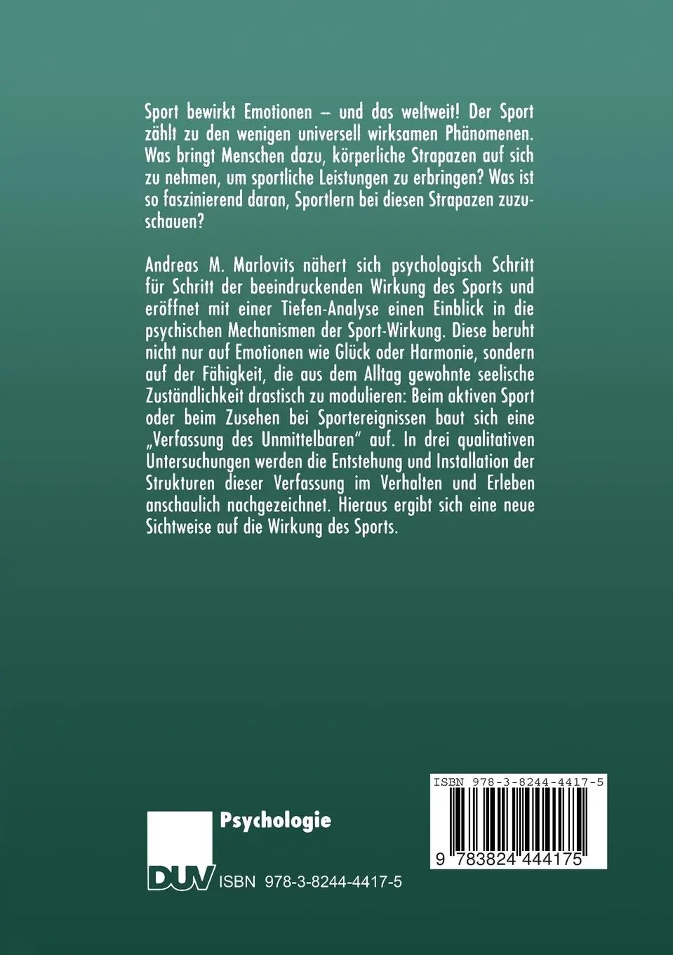 Rückseite: 9783824444175 | Das Unmittelbare im Sport | Andreas M. Marlovits | Taschenbuch | vi