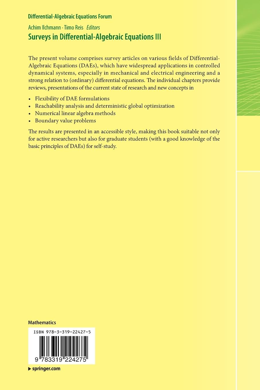 Rückseite: 9783319224275 | Surveys in Differential-Algebraic Equations III | Ilchmann (u. a.)