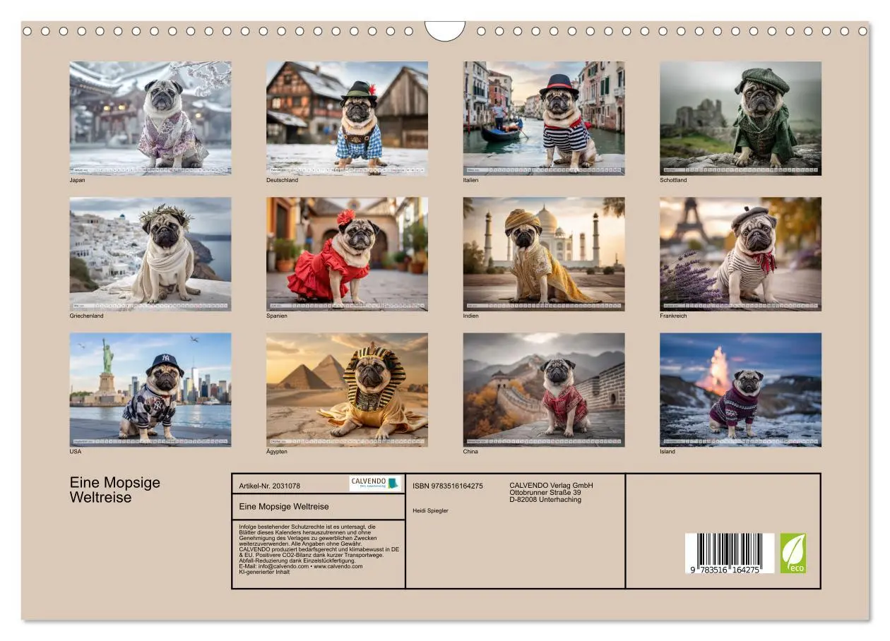 Bild: 9783516164275 | Eine Mopsige Weltreise (Wandkalender 2026 DIN A3 quer), CALVENDO...