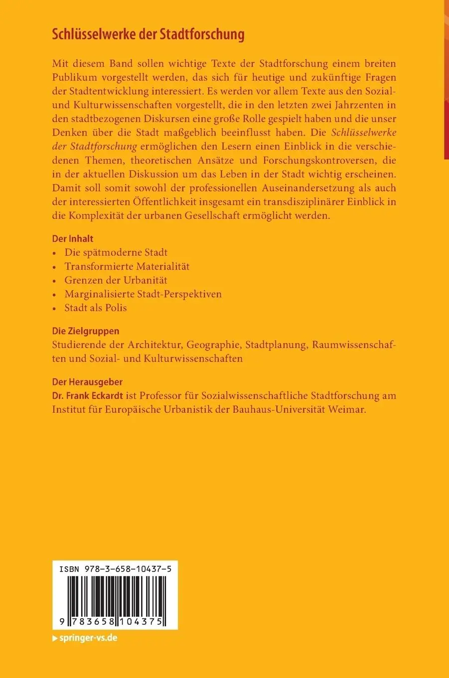 Rückseite: 9783658104375 | Schlüsselwerke der Stadtforschung | Frank Eckardt | Buch | vii | 2016