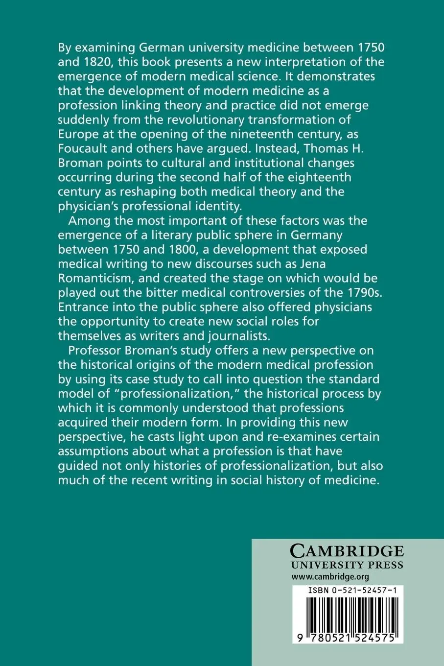 Rückseite: 9780521524575 | The Transformation of German Academic Medicine, 1750 1820 | Broman