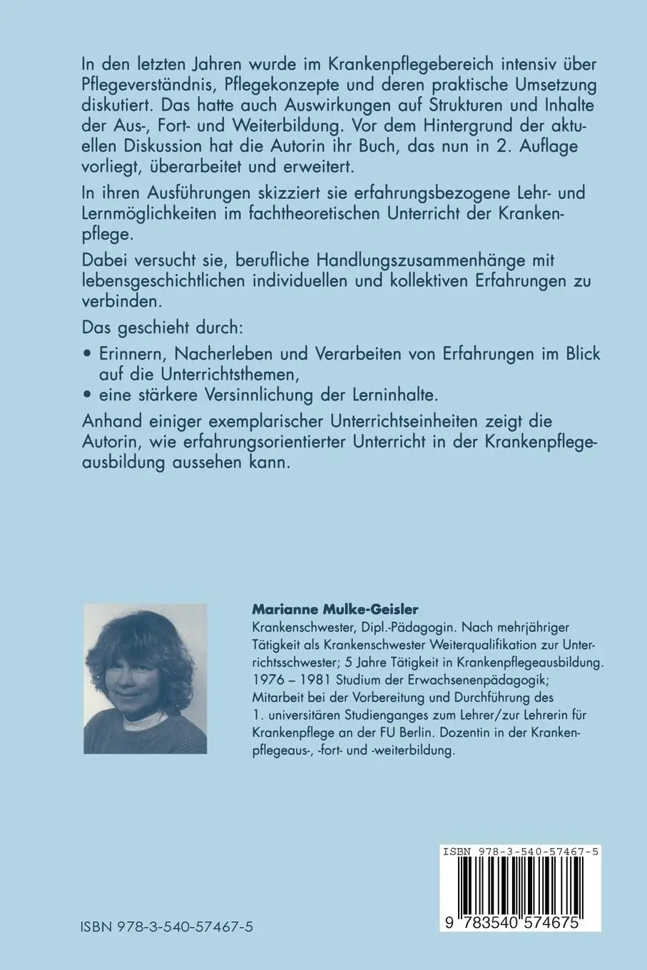 Rückseite: 9783540574675 | Erfahrungsbezogener Unterricht in der Krankenpflege | Mulke-Geisler