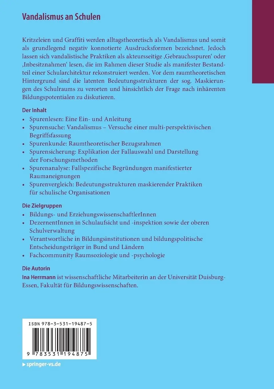 Rückseite: 9783531194875 | Vandalismus an Schulen | Ina Herrmann | Taschenbuch | xvii | Deutsch