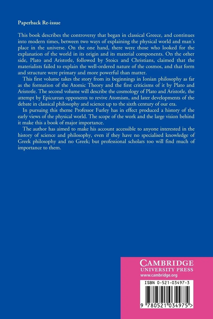 Rückseite: 9780521034975 | The Greek Cosmologists | David Furley | Taschenbuch | Englisch | 2006