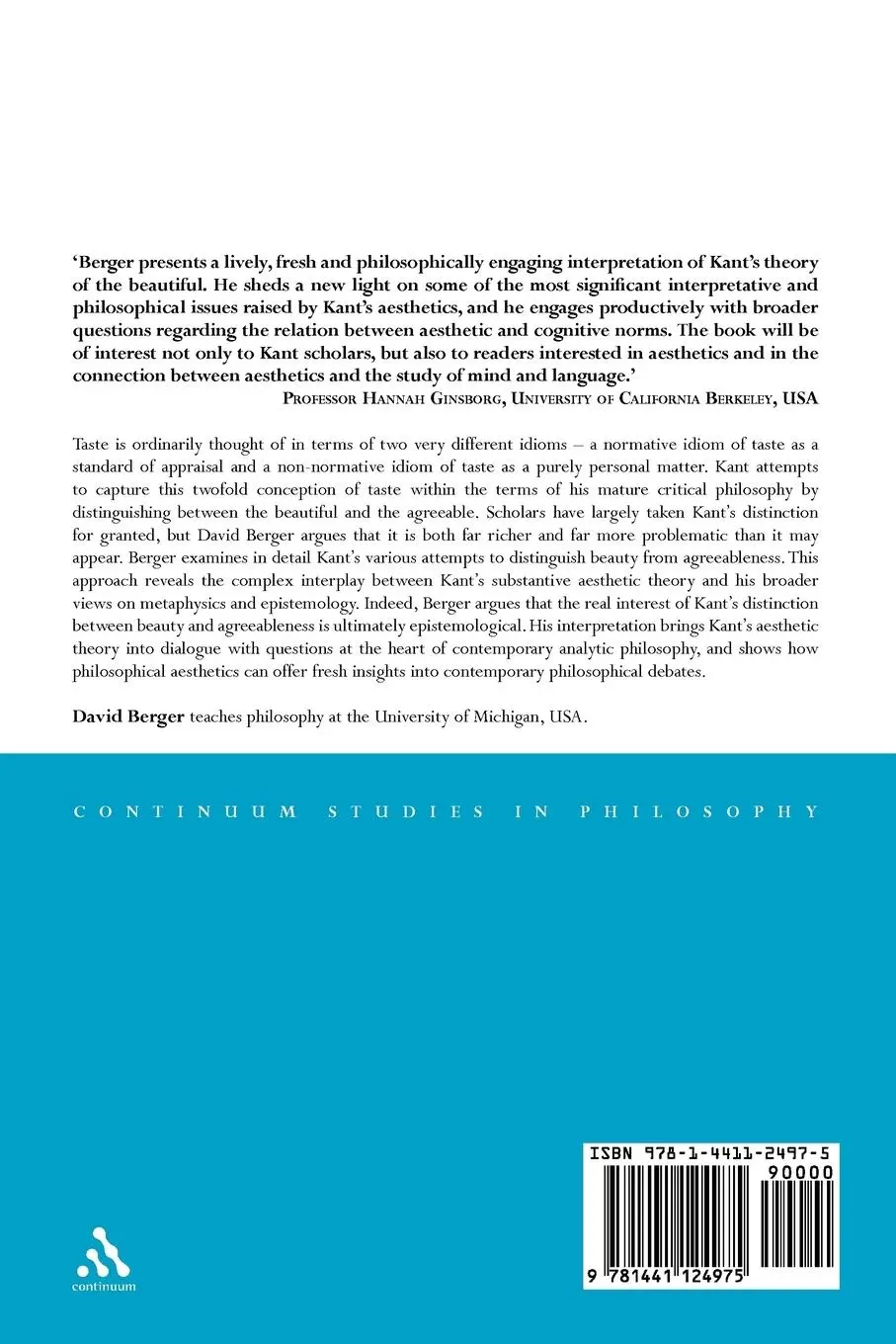 Rückseite: 9781441124975 | Kant's Aesthetic Theory | The Beautiful and Agreeable | Berger (u. a.)