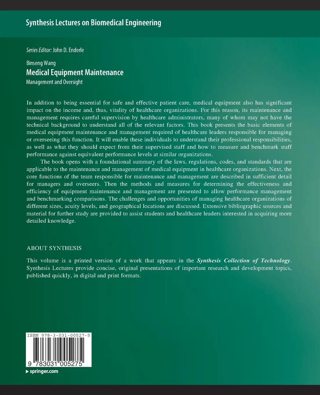 Rückseite: 9783031005275 | Medical Equipment Maintenance | Management and Oversight | Wang | Buch