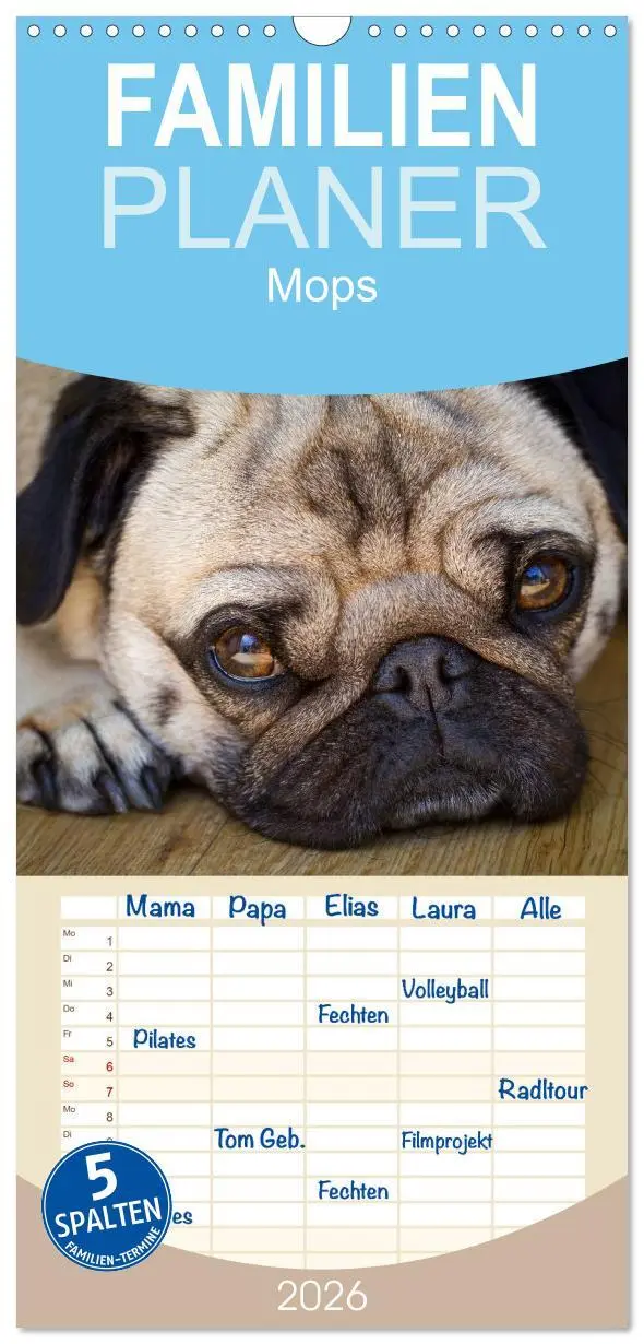 Cover: 9783516515275 | Familienplaner 2026 - Mops mit 5 Spalten (Wandkalender, 21 x 45 cm)...