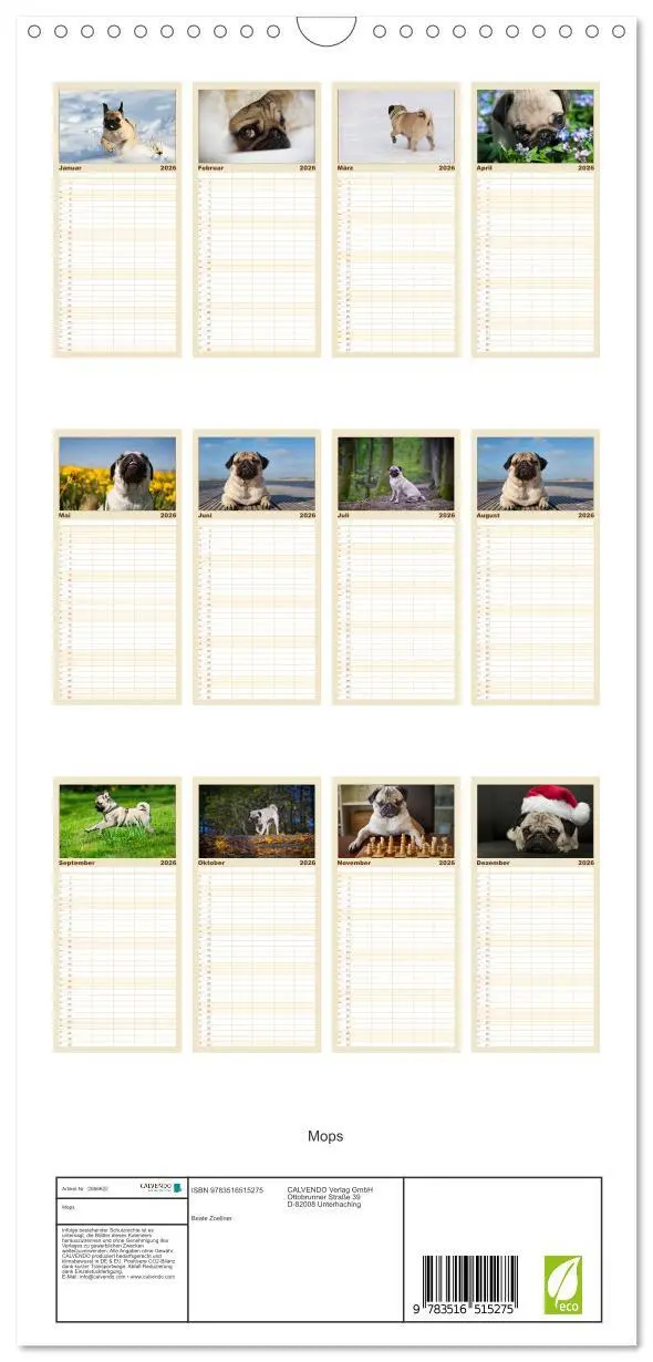 Bild: 9783516515275 | Familienplaner 2026 - Mops mit 5 Spalten (Wandkalender, 21 x 45 cm)...