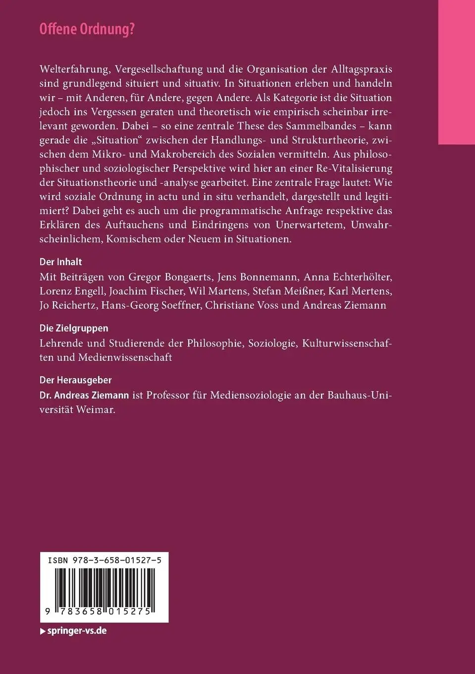 Rückseite: 9783658015275 | Offene Ordnung? | Philosophie und Soziologie der Situation | Ziemann