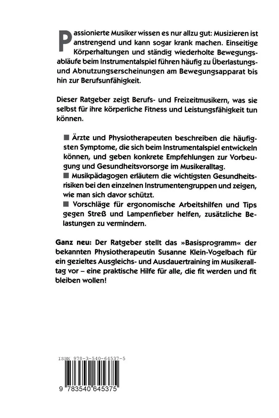 Rückseite: 9783540645375 | Musikinstrument und Körperhaltung | S. Klein-Vogelbach (u. a.) | Buch