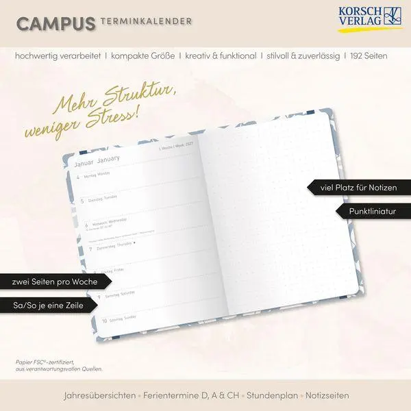 Bild: 9783819305375 | Terminkalender Campus Blätter 18 Monate 2027/2028 | Korsch Verlag