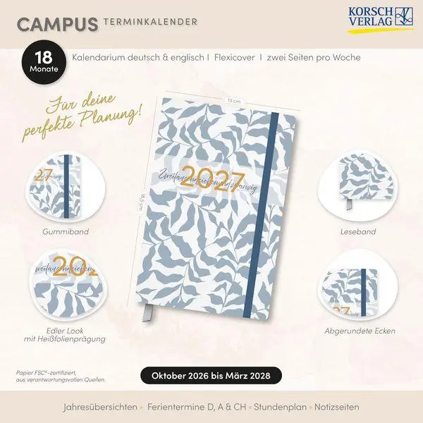 Bild: 9783819305375 | Terminkalender Campus Blätter 18 Monate 2027/2028 | Korsch Verlag