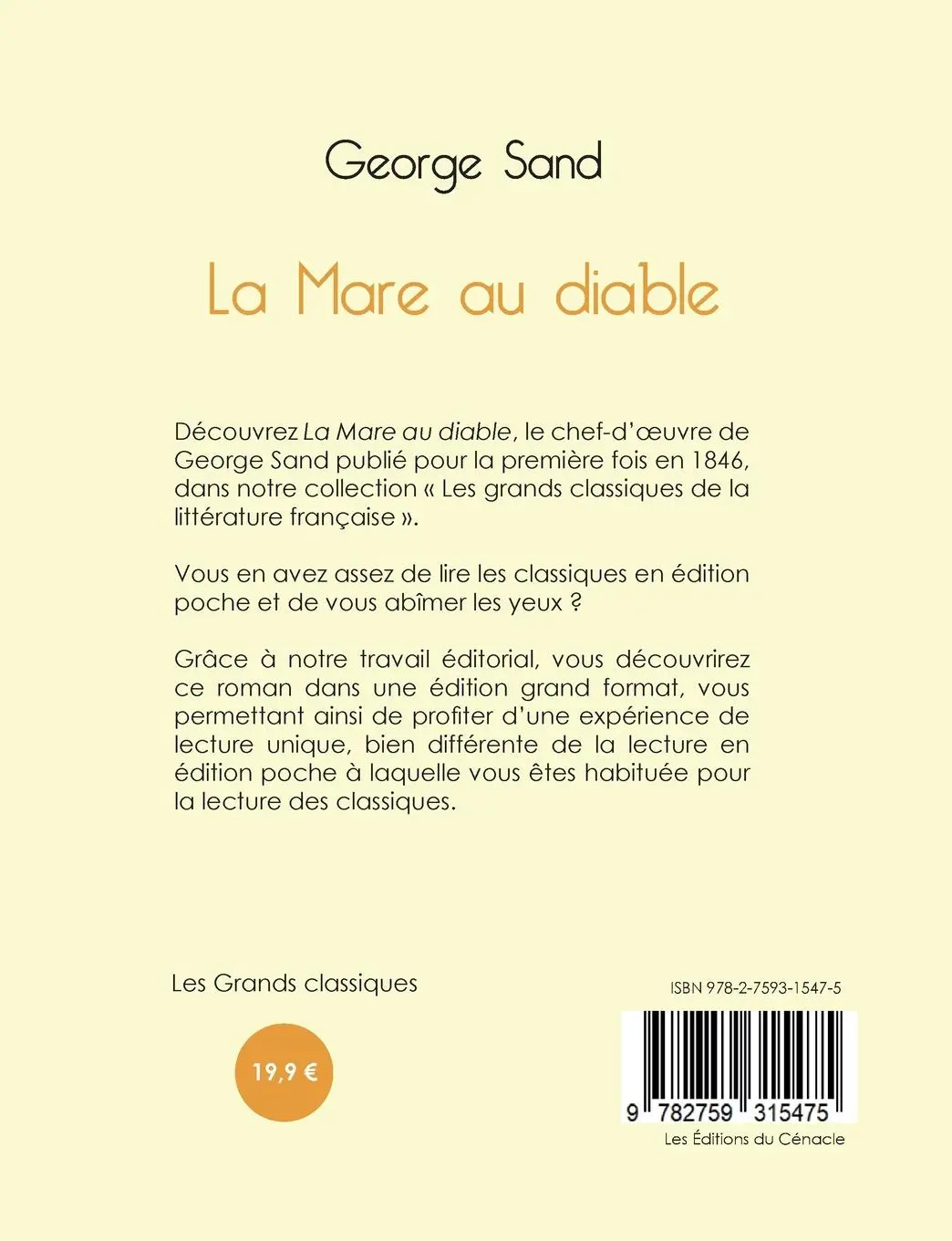 Rückseite: 9782759315475 | La Mare au diable de George Sand (édition grand format) | George Sand