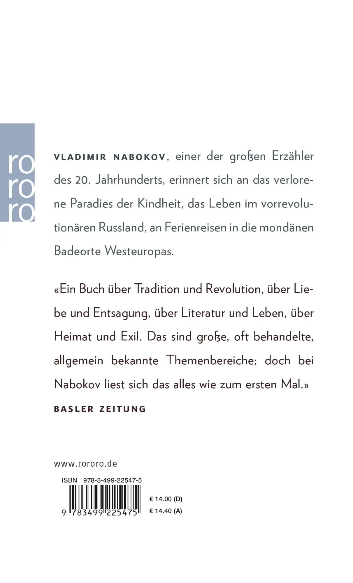 Rückseite: 9783499225475 | Erinnerung, sprich | Wiedersehen mit einer Autobiographie | Nabokov