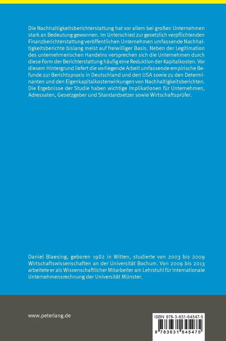 Rückseite: 9783631645475 | Nachhaltigkeitsberichterstattung in Deutschland und den USA | Blaesing