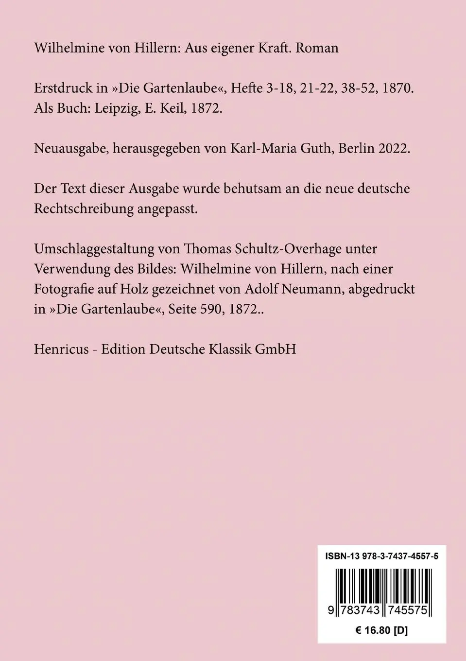 Rückseite: 9783743745575 | Aus eigener Kraft | Roman | Wilhelmine Von Hillern | Taschenbuch