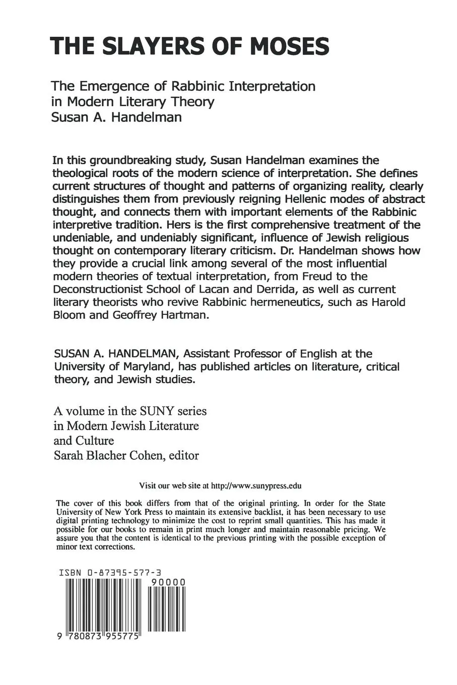 Rückseite: 9780873955775 | The Slayers of Moses | Susan A. Handelman | Taschenbuch | Englisch
