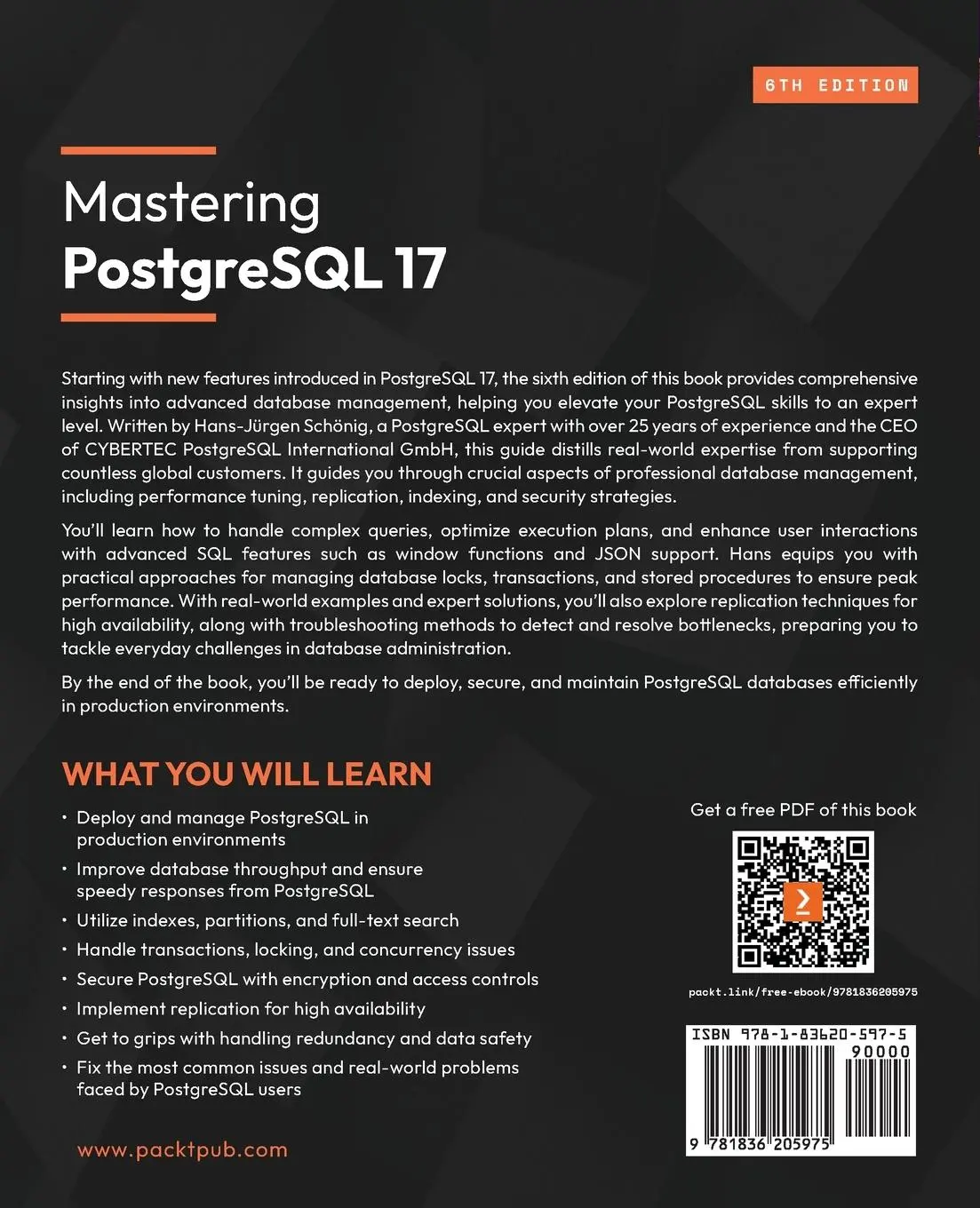 Rückseite: 9781836205975 | Mastering PostgreSQL 17 - Sixth Edition | Hans-Jürgen Schönig | Buch