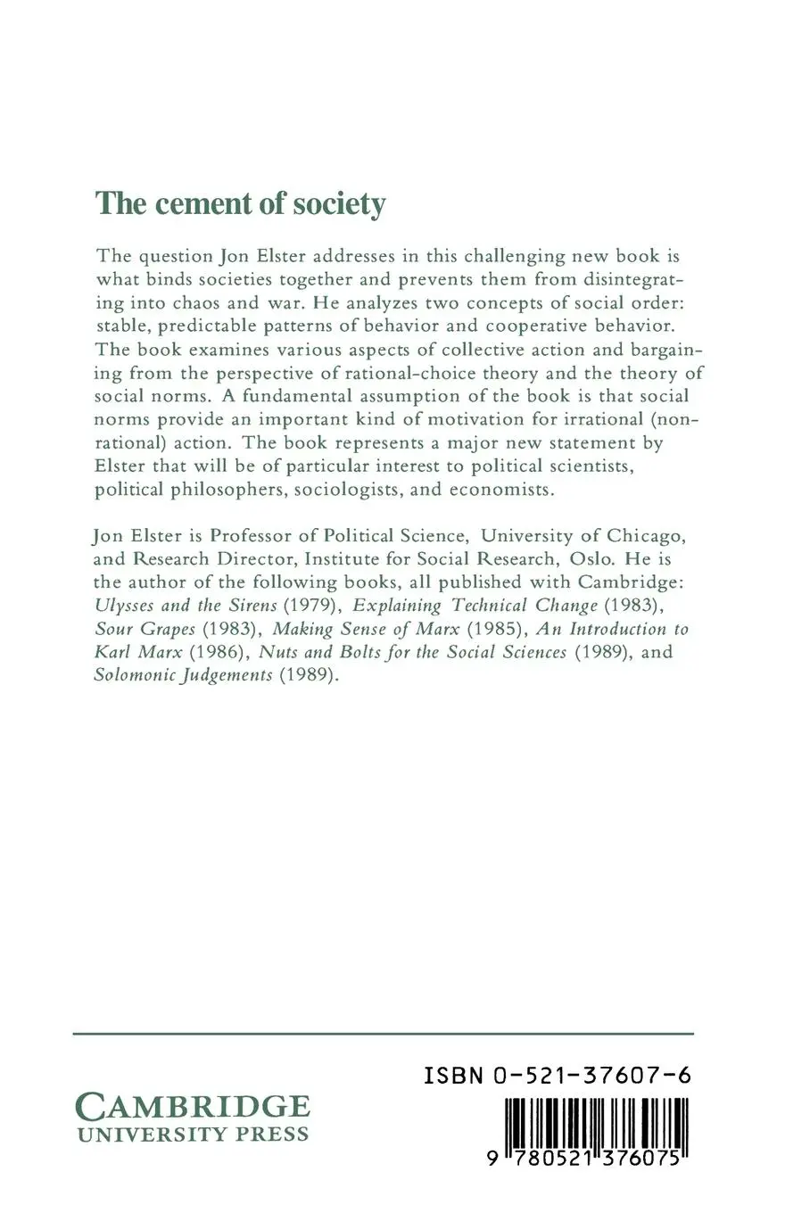 Rückseite: 9780521376075 | The Cement of Society | A Survey of Social Order | Jon Elster | Buch