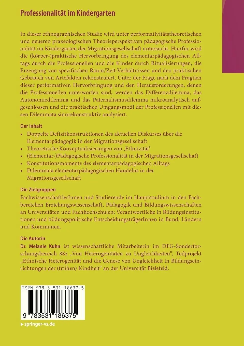 Rückseite: 9783531186375 | Professionalität im Kindergarten | Melanie Kuhn | Taschenbuch | 335 S.