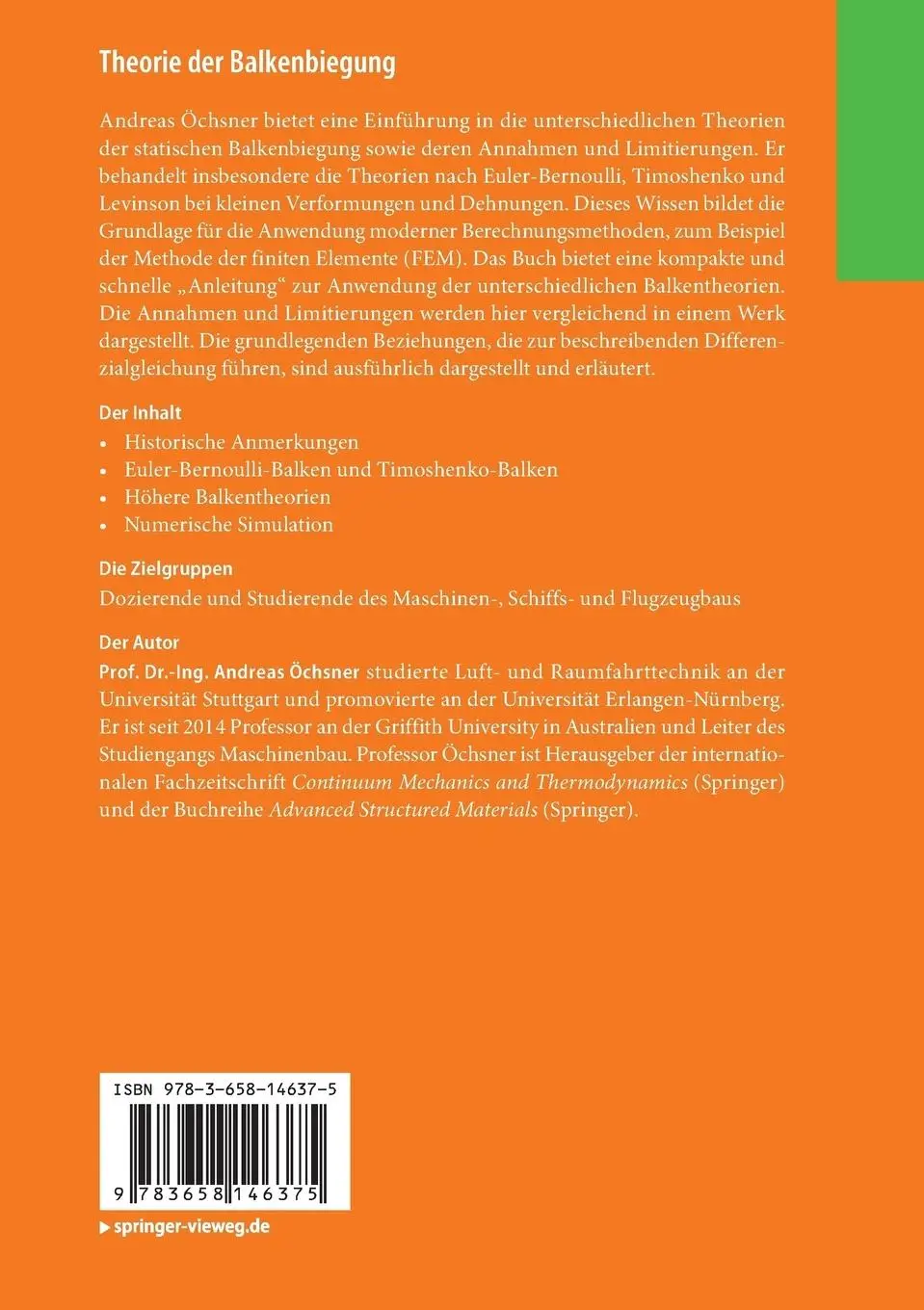 Rückseite: 9783658146375 | Theorie der Balkenbiegung | Andreas Öchsner | Taschenbuch | xi | 2016