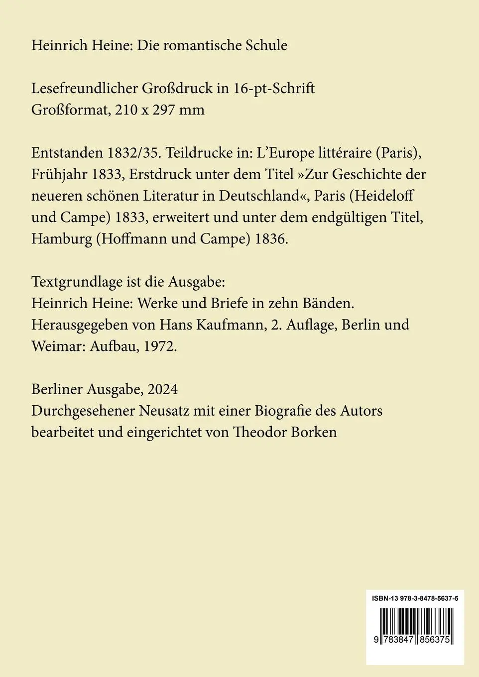Rückseite: 9783847856375 | Die romantische Schule (Großdruck) | Heinrich Heine | Taschenbuch
