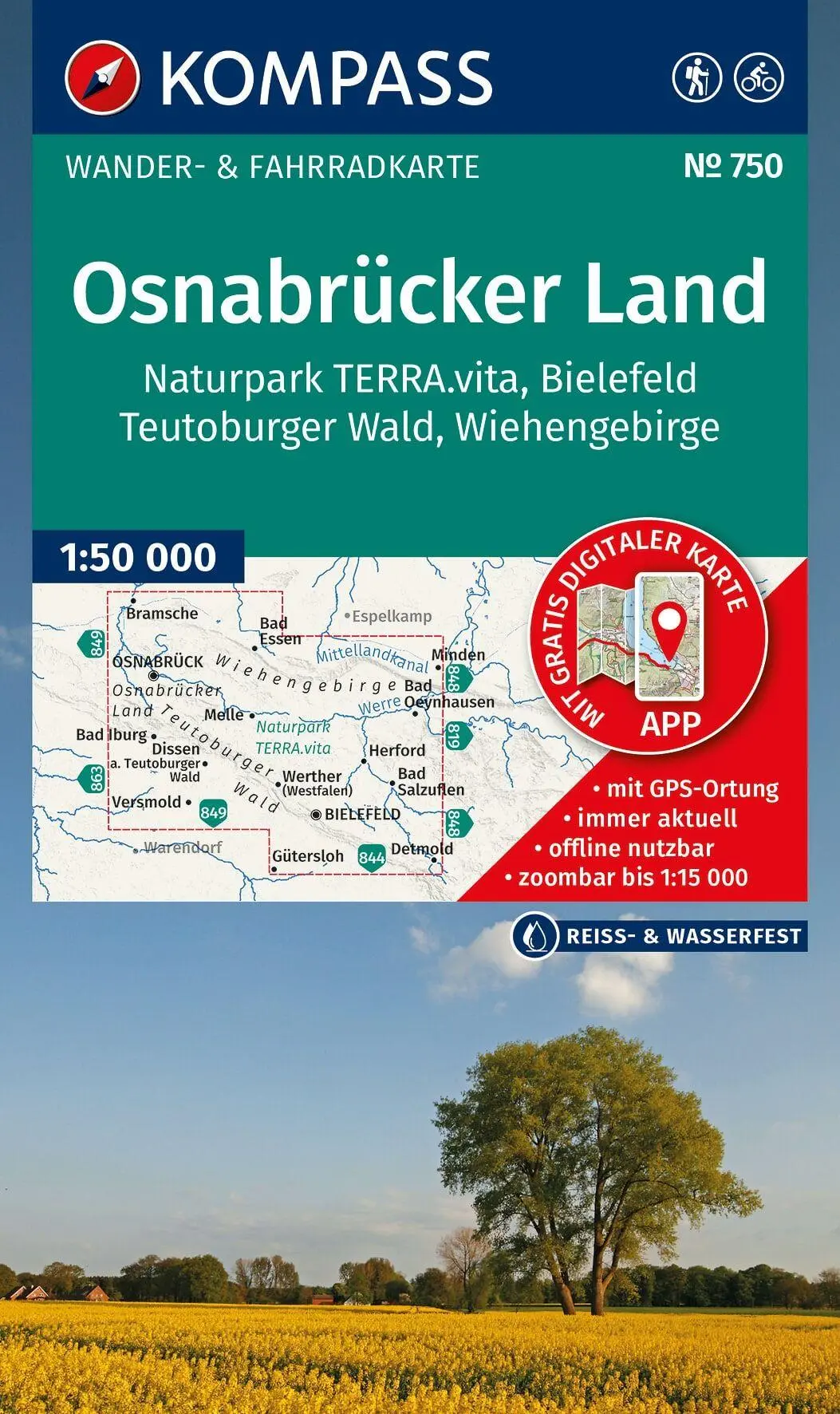 KOMPASS Wanderkarte 750 Osnabrücker Land, NP TERRA.vita, Bielefeld, Teutoburger Wald, Wiehengeb. 1:50.000