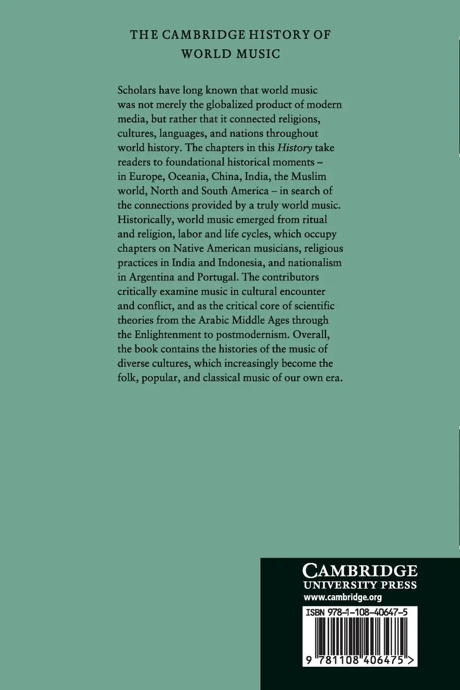Rückseite: 9781108406475 | The Cambridge History of World Music | Philip V. Bohlman | Taschenbuch