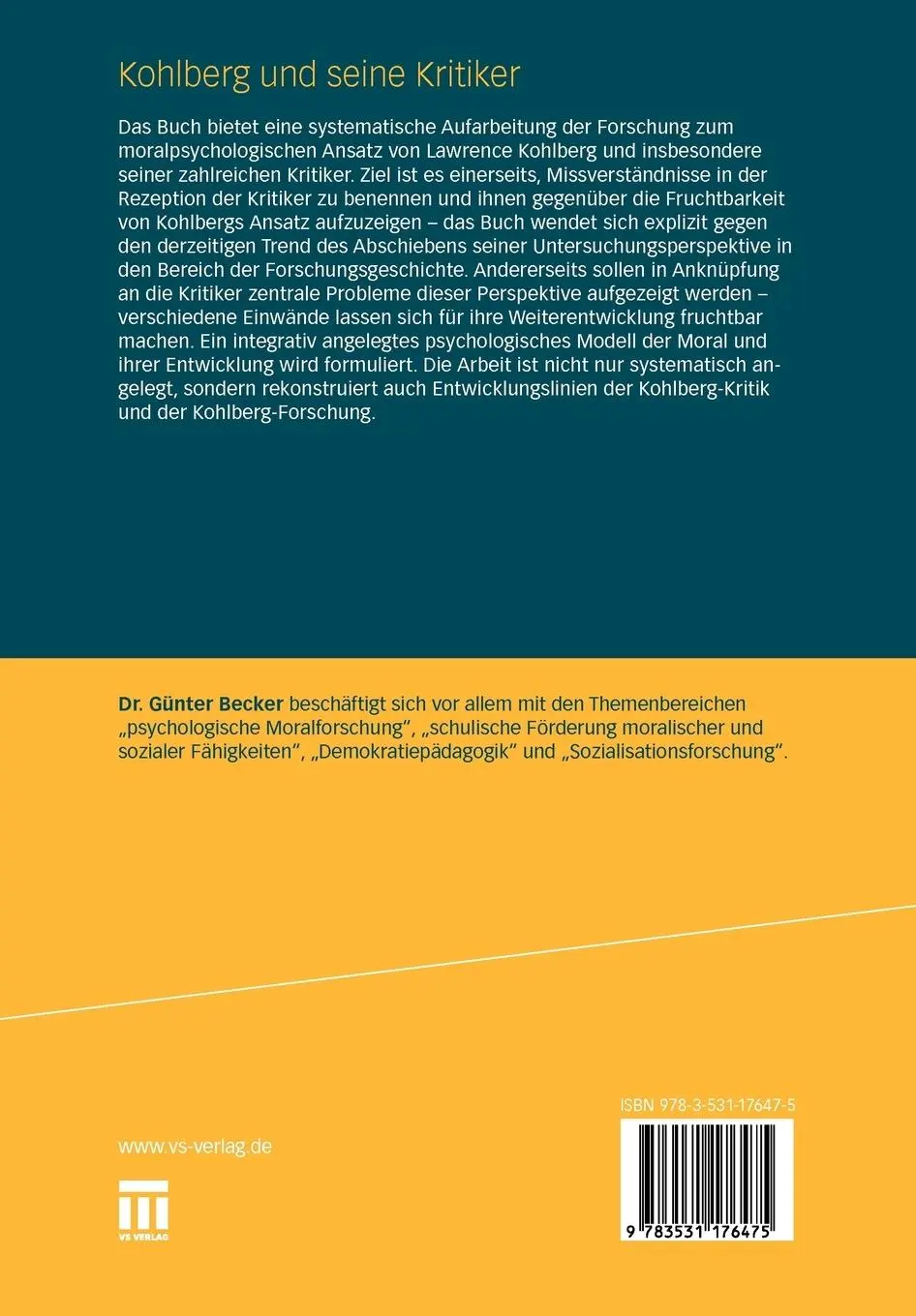 Rückseite: 9783531176475 | Kohlberg und seine Kritiker | Günter Becker | Taschenbuch | xiv | 2011