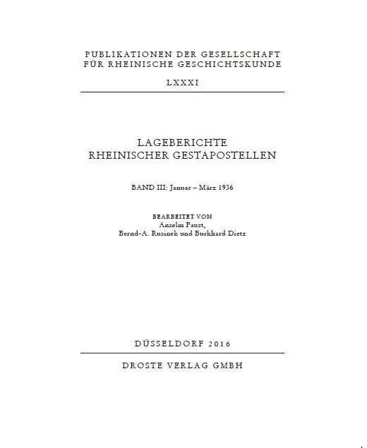 Cover: 9783770076475 | Lageberichte rheinischer Gestapostellen. Bd.3 | Januar-März 1936 | VI