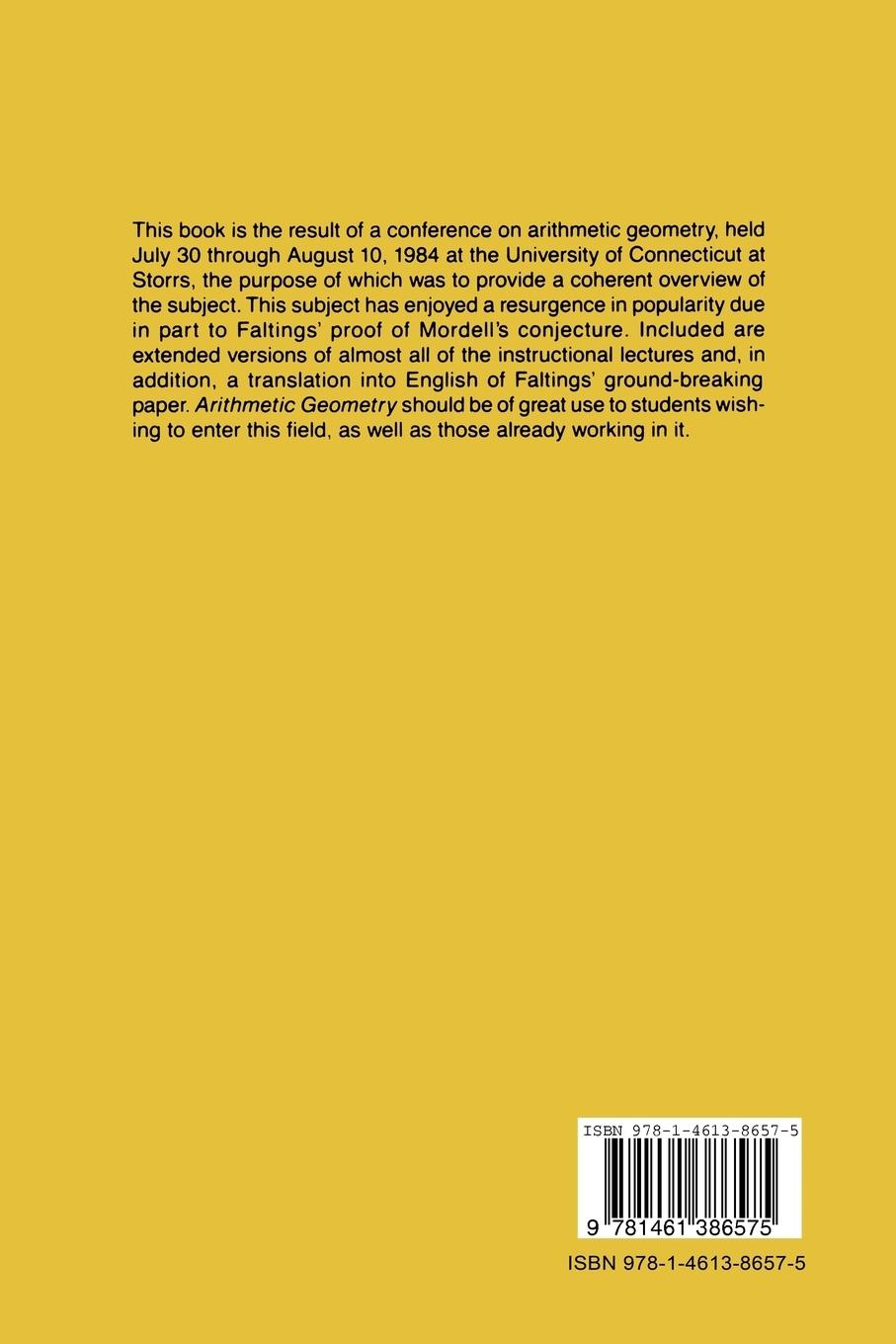 Rückseite: 9781461386575 | Arithmetic Geometry | G. Cornell (u. a.) | Taschenbuch | xv | Englisch