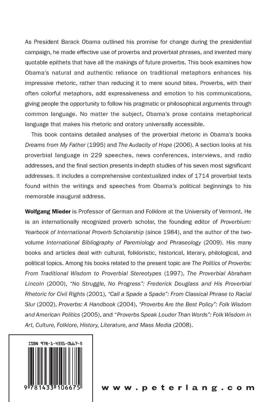 Rückseite: 9781433106675 | «Yes We Can» | Barack Obama¿s Proverbial Rhetoric | Wolfgang Mieder