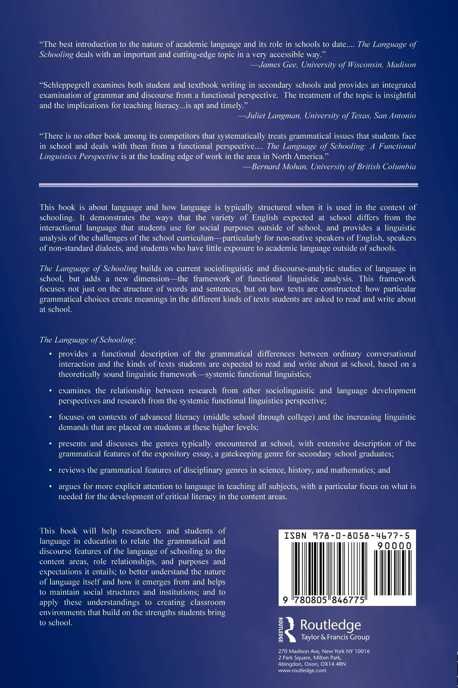 Rückseite: 9780805846775 | The Language of Schooling | A Functional Linguistics Perspective