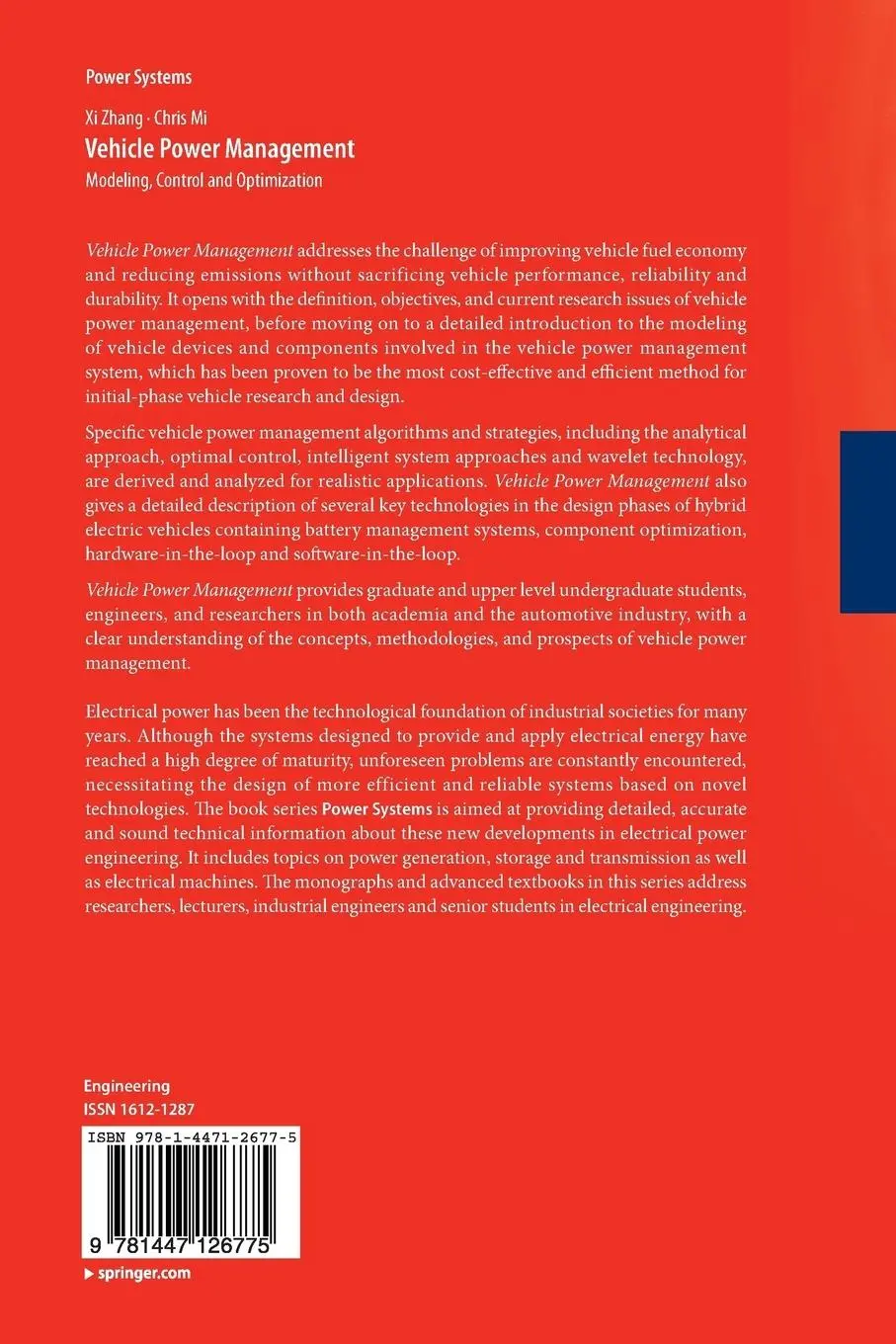 Rückseite: 9781447126775 | Vehicle Power Management | Modeling, Control and Optimization | Buch