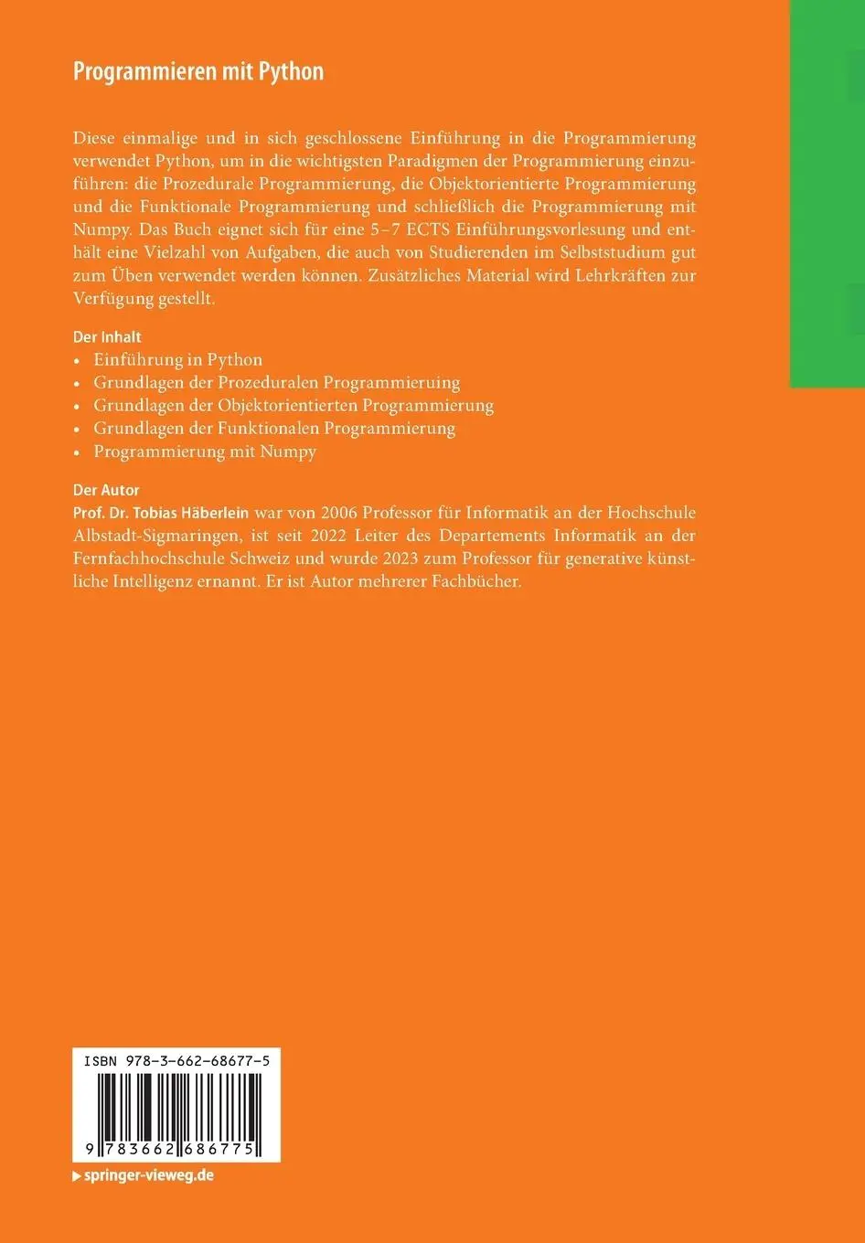 Rückseite: 9783662686775 | Programmieren mit Python | Tobias Häberlein | Taschenbuch | xi | 2024