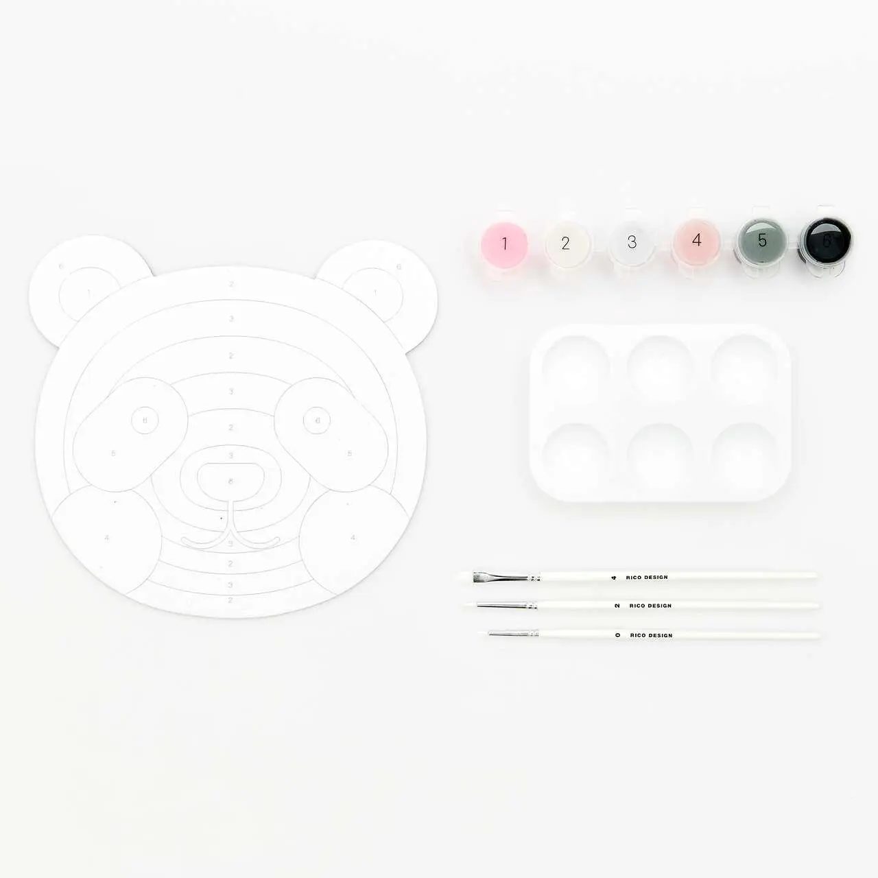 Malen nach Zahlen Set, Panda, FSC 100%, Inhalt: 1 Malkarton, 6 Acrylfarben für ein Motiv, 3 Pinsel, 1 Malpalette