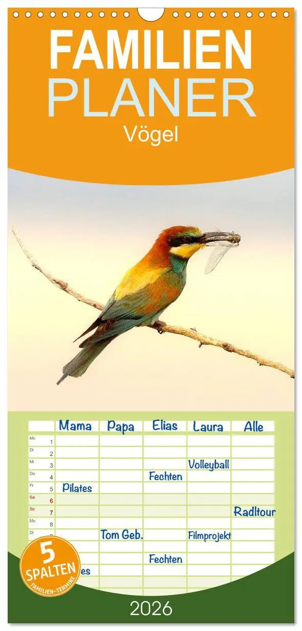 Cover: 9783516516975 | Familienplaner 2026 - Vögel mit 5 Spalten (Wandkalender, 21 x 45...