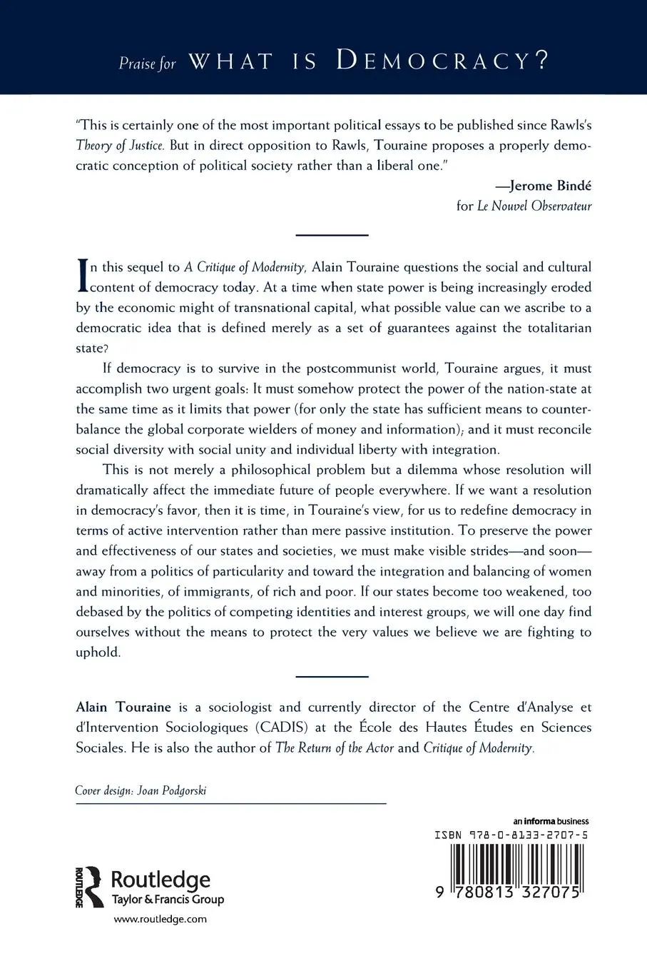 Rückseite: 9780813327075 | What Is Democracy? | Alain Touraine | Taschenbuch | Englisch | 1997