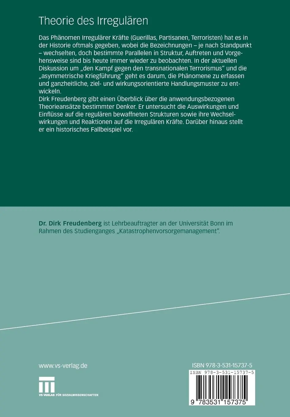 Rückseite: 9783531157375 | Theorie des Irregulären | Dirk Freudenberg | Taschenbuch | 496 S.