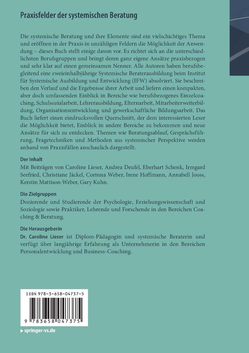 Rückseite: 9783658047375 | Praxisfelder der systemischen Beratung | Caroline Lieser | Taschenbuch